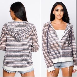 Striped Knit Zip-Up Utility Hoodie Jacket - Brown/Black